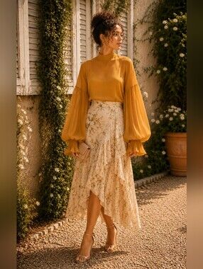 Tesoro Mustard Sheer Ruffle Blouse S Romantic Mesh Sleeve Boho Chic Evening Top